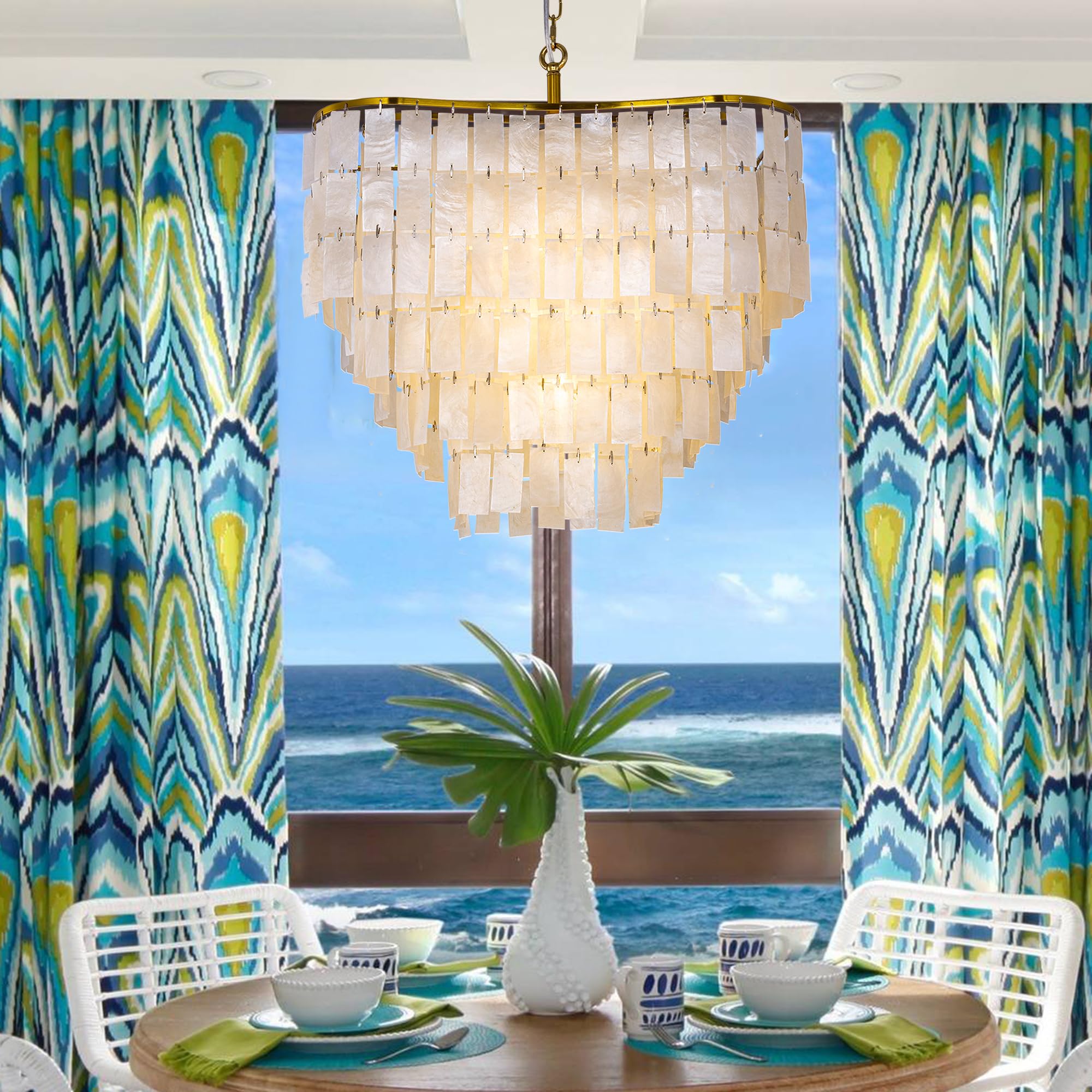 Onizbar 【Luxury】 TOCHIC Modern Capiz Chandelier Lighting, 7 Lights Natural